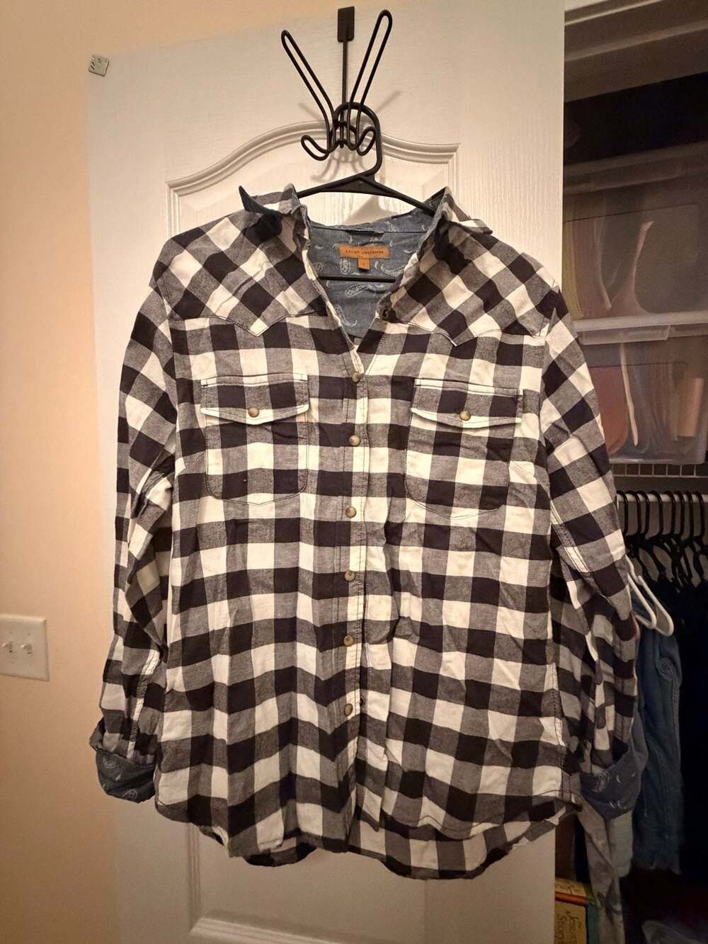 Jachs Girlfriend Flannel Shirt Size S Black White Plaid Pearl Snap